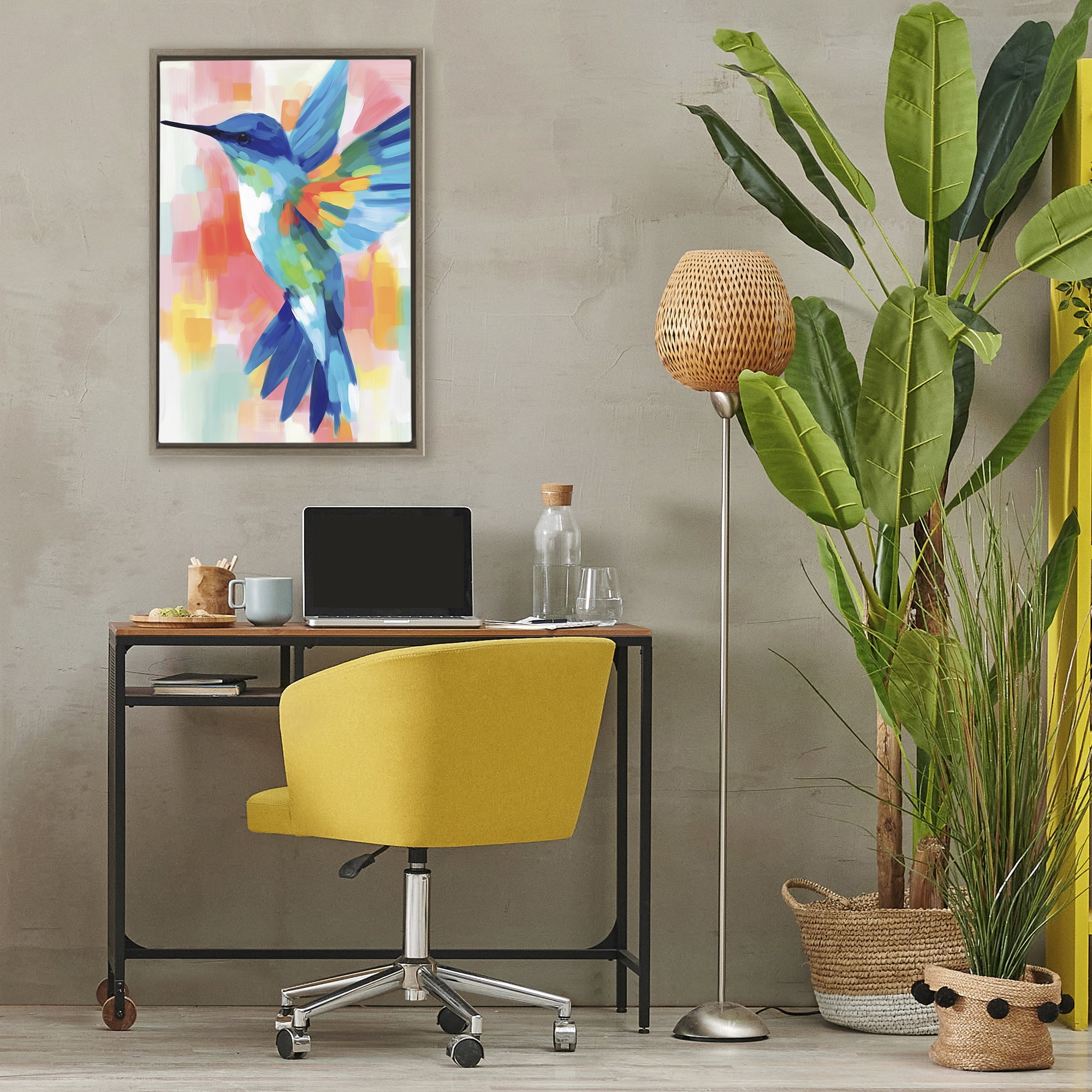 Stupell Industries Blue Hummingbird in Flight Brown Framed Floater Canvas Wall Art, design by Chromatic Storm Studio