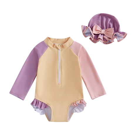 DGQPLPD Toddler Girls Swimwear Long Sleeve Hooded Color Block Swimsuit UPF Sun Rash Guard Comfortable Toddler Swimwear Khaki 6-12 Months