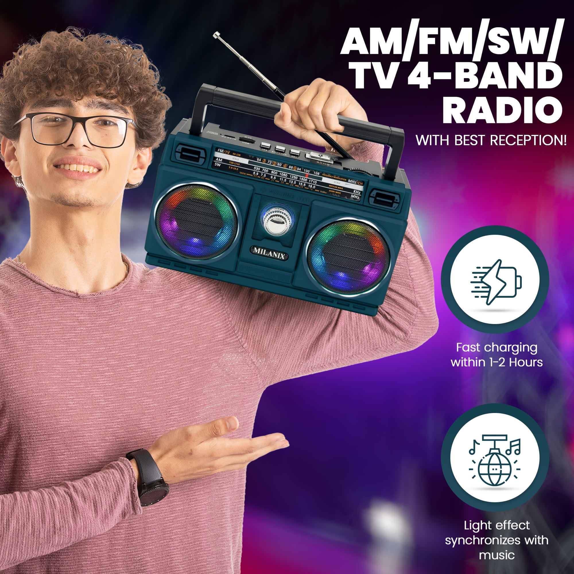 Small AM/FM Radio Portable Rechargeable Battery Operated with Bluetooth, USB, Best Reception, Longest Range, Tuning, Lights, Transistor, Indoor and Outdoor, Emergency Use (Midnight)