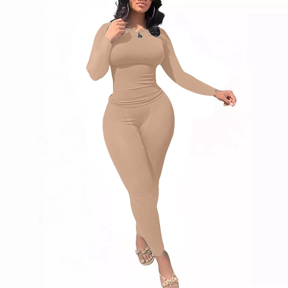 YUGYXL Women's 2 Piece Outfits Ribbed Long Sleeve Set Fitted T-shirt High Waist Elastic Leggins Casual Matching Khaki M