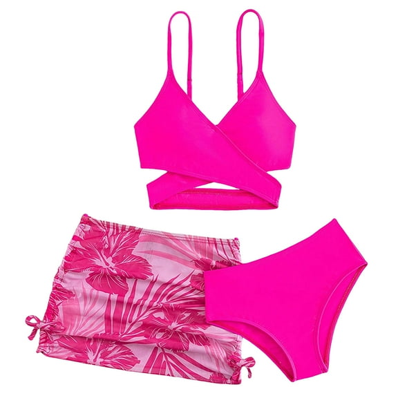 Staki Teen Bathing Suits for Girls Girls Swimsuit 3 Piece Sets Cute Print Bikini Bathing Swim Suits Comfy Summer Beach Skirt Cover Up Outfits 8-12Y(Hot Pink,8-9 Years)