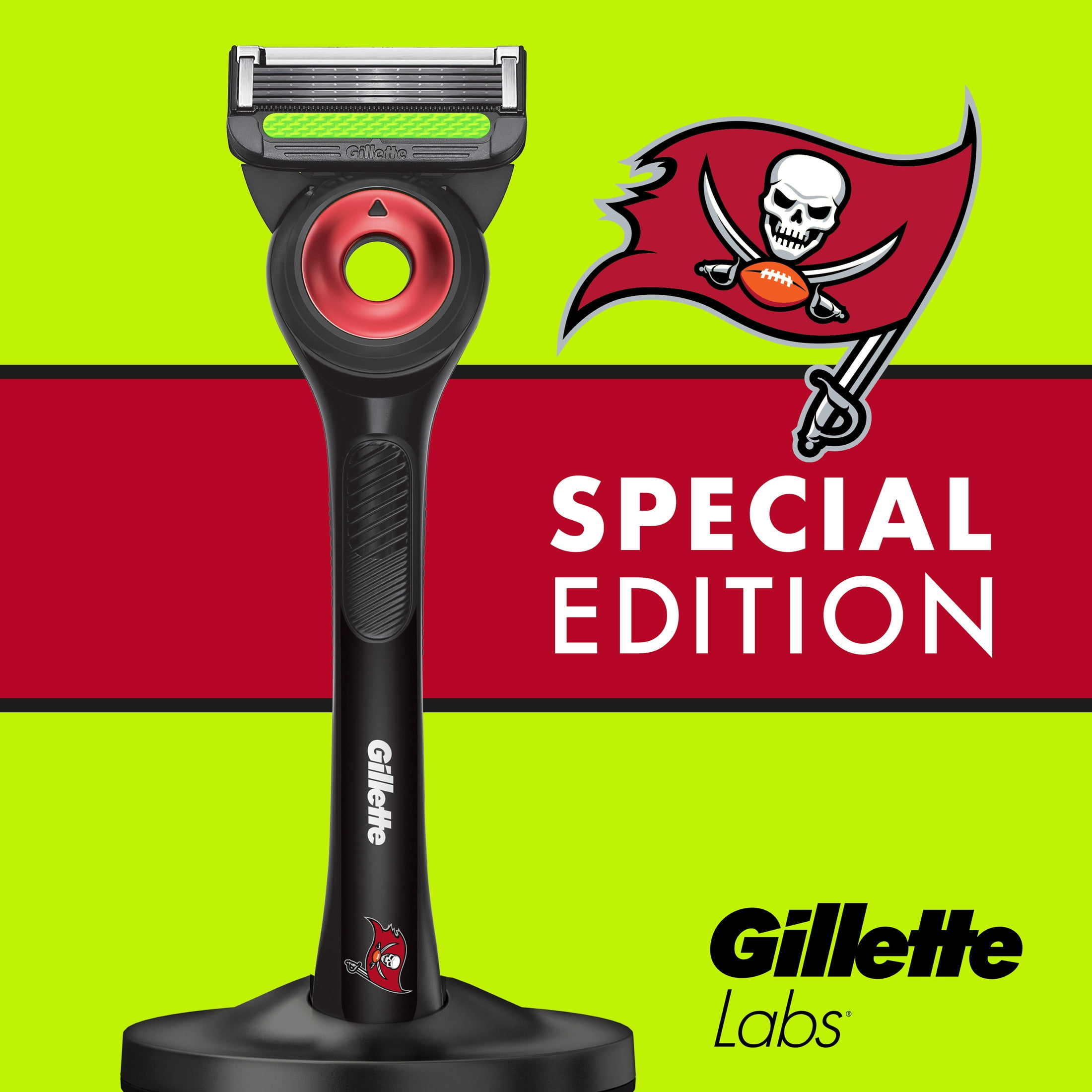 Gillette Labs Official Buccaneers Licensed Razor for Men, Perfect for Game Day Grooming, Gillette Labs with Exfoliating Bar, 1 Handle, 4 Blade Refills, with Magnetic Stand