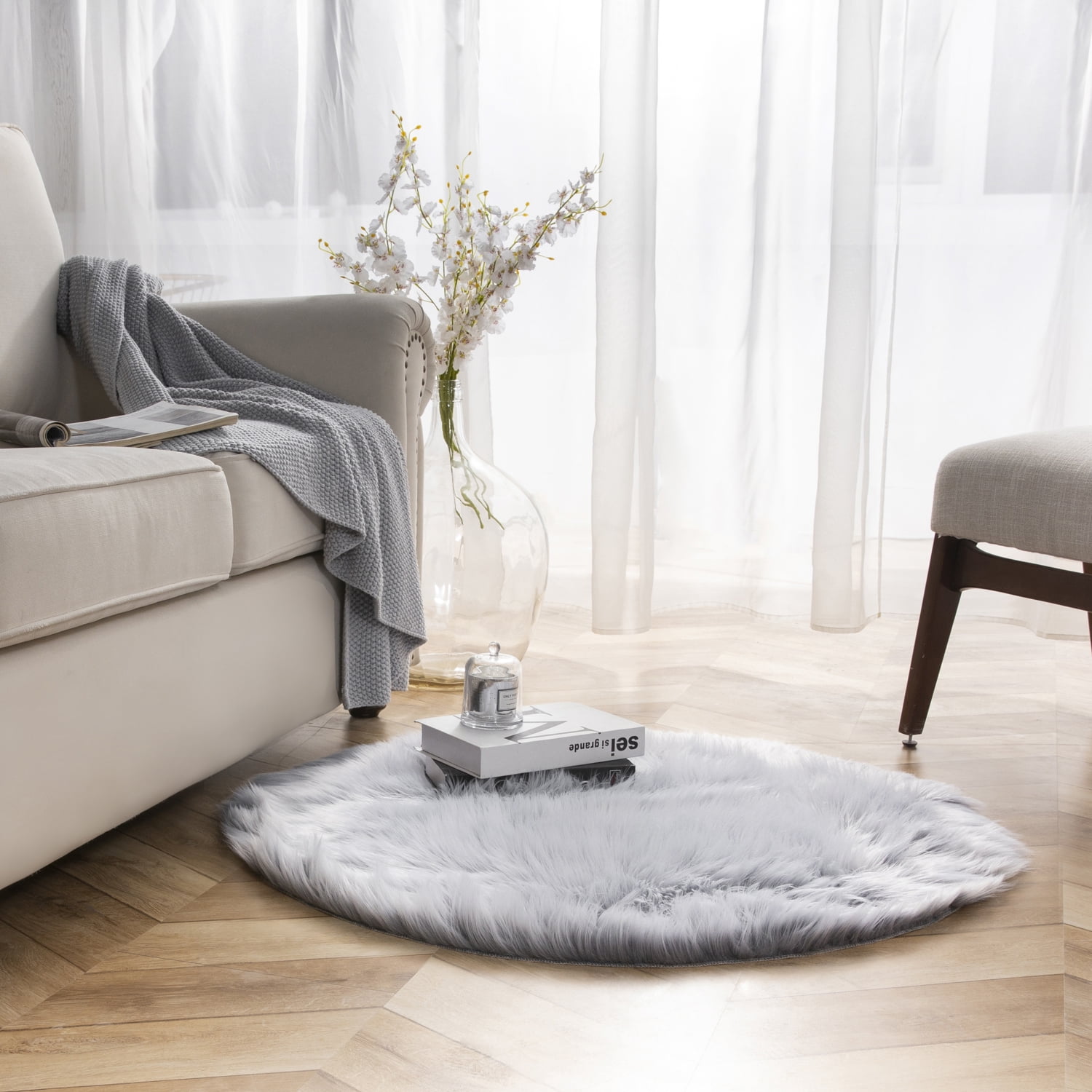 Deluxe Ultra Soft Faux Sheepskin Fur Series Fluffy Decorative Indoor Shag Area Rug, 3 x 3 Feet Round, Gray and White, 1 Pack