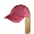 thumbnail image 2 of C.C Ladder Style Ponycap Adjustable Ponytail Distressed Washed Denim Baseball Cap, Berry, 2 of 4