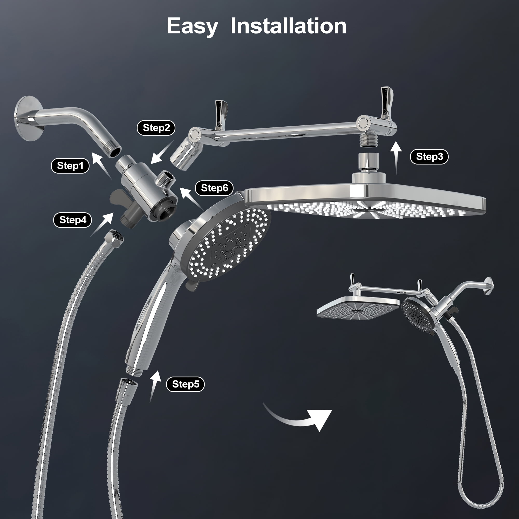 Hironpal 12"High Pressure Rain Shower Head with Handheld, 3+8+2 Spray Setting, Handheld Showerhead Combo with 59" Hose,Chro