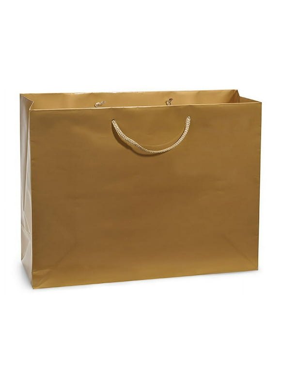 Pack Of 100, Medium 13 X 5 X 10" Solid Gold Deluxe Gloss Color Laminated Paper Gift Bags