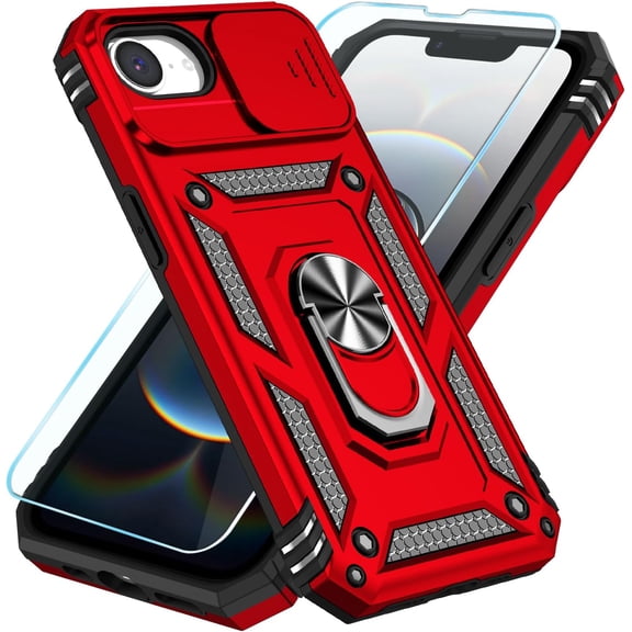 MYKOMI Compatible with iPhone 16e Case & iPhone 17e Case with HD Screen Protector & Slide Camera Cover & Rotated Ring Kickstand, [Military-Grade] Phone Case for iPhone 16e/17e