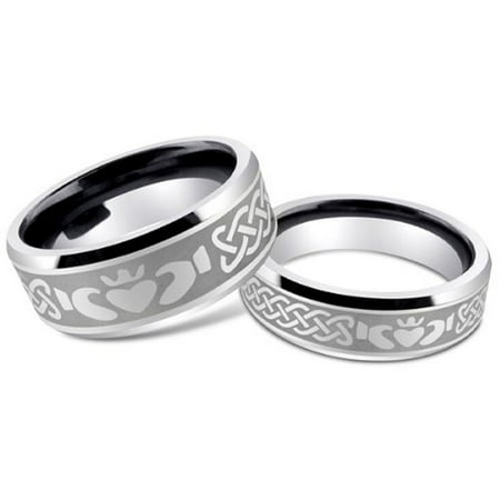 Men & Women's 8MM/6MM Tungsten Carbide IRISH CLADDAGH Celtic Design Wedding Band Ring Set w/Laser