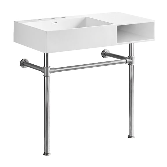 Kingston Brass KVPB3368SQA1 Aurelius 36-Inch Solid Surface Console Sink with Stainless Steel Legs (8-Inch, 3-Hole) in Matte White/Polished Chrome