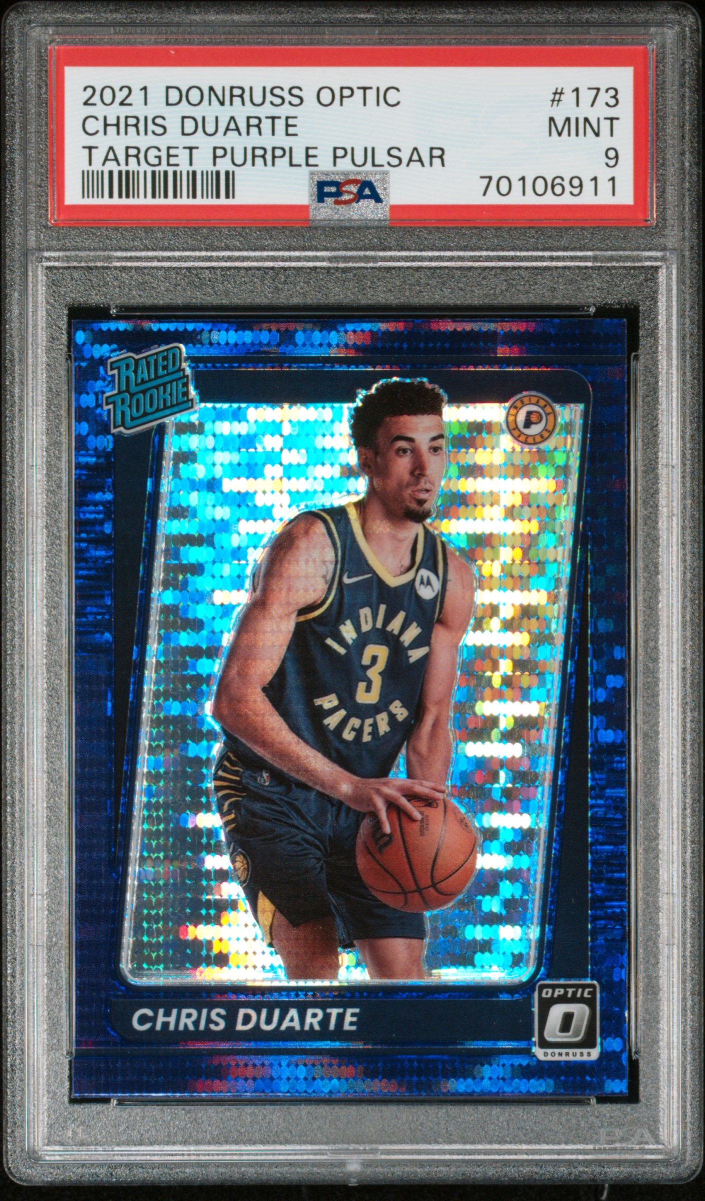 Chris Duarte Pacers 2021 Donruss Optic Purple Pulsar Rookie Card #173 PSA 9 Mint
