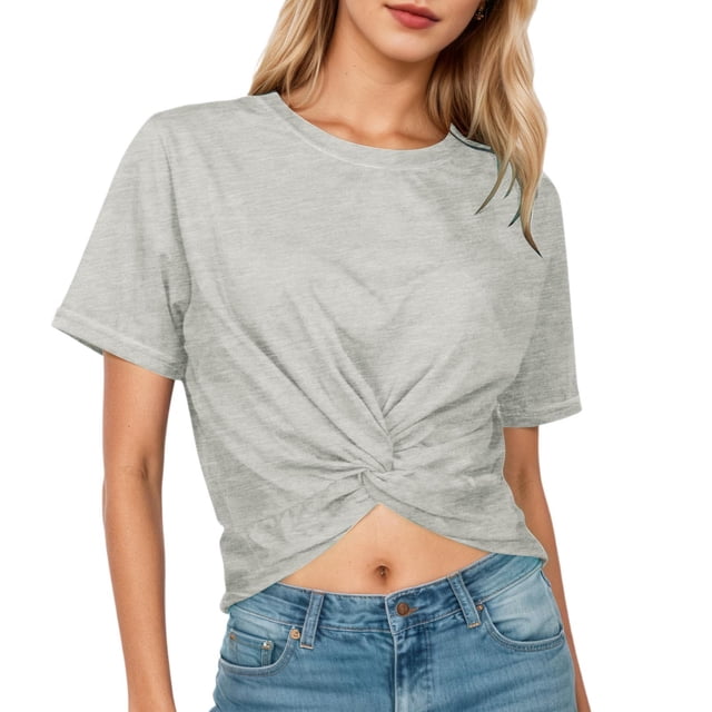 Rhuody Summer Tops For Womens Spring Short Sleeve Tee Solid Color Blouse Round Neck Cropped T Shirt Versatile Clothes Light Gray M