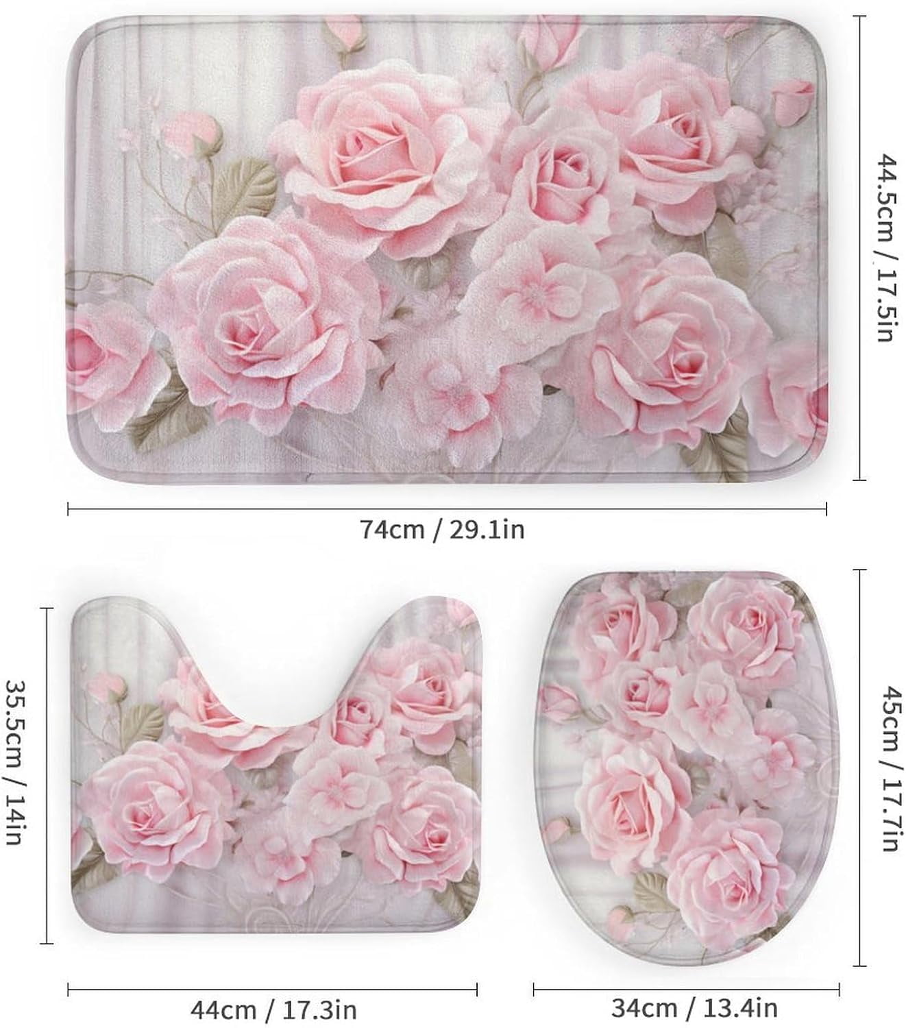 Pink Romantic Roses Shower Curtain 4 Piece Sets with Non-Slip Rugs,Toilet Lid Cover and Bath Mat Modern Flower Plants Floral Waterproof Shower Curtain with 12 Hooks Bathroom Set Home Decor