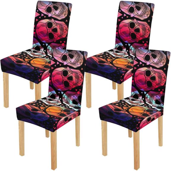 FMSHPON Skull Halloween Happy Stretch Chair Cover Protector Seat Slipcover for Dining Room Hotel Wedding Party Set of 4