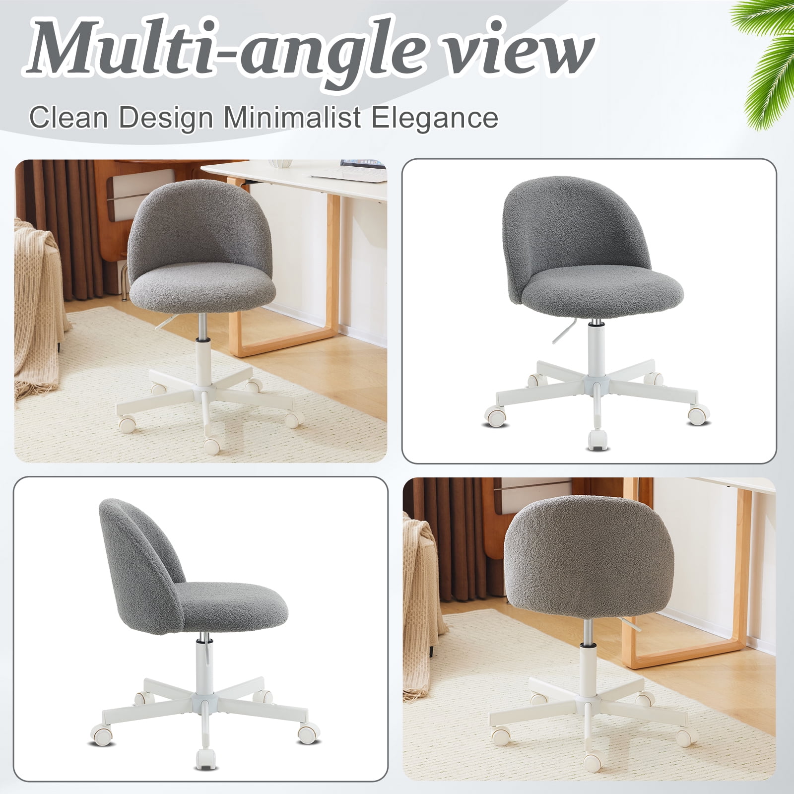 Ktaxon Armless Home Office Desk Chair Cute Mid Back Vanity Stool Teddy Velvet Swivel Task Chairs with Wheels Gray
