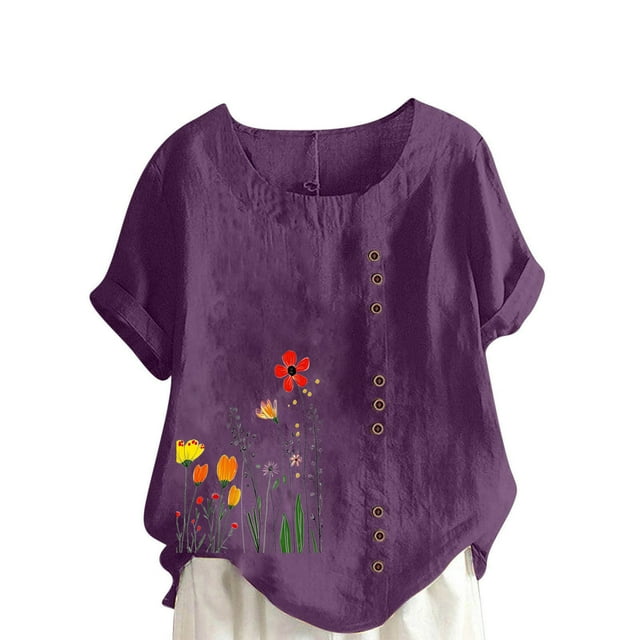 Blouse en Lin pour Femmes à Boutons Imprimé Floral Manches Courtes Tunique Décontractée Légère d'Été