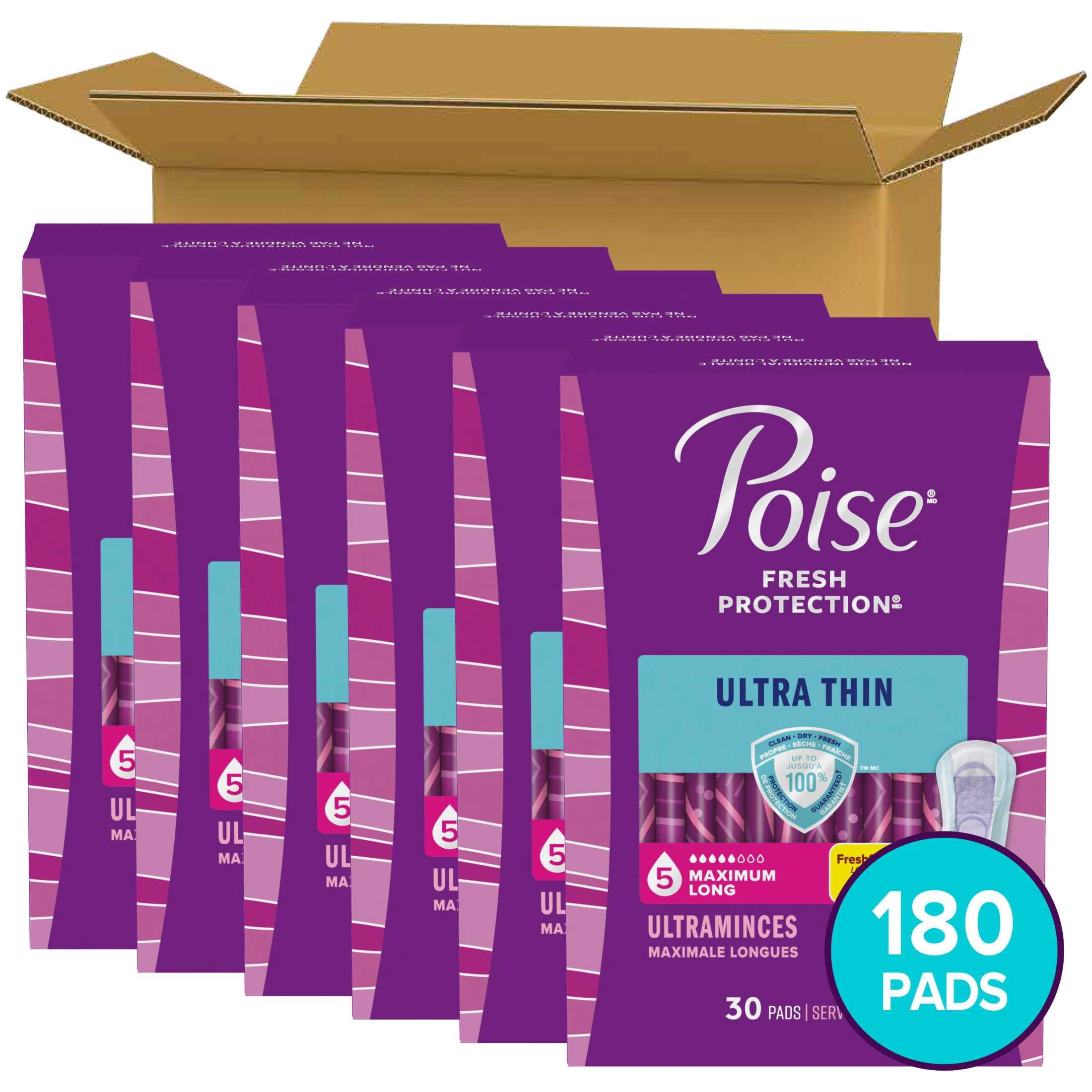 Poise Ultra Thin Incontinence Pads, 5 Drop Maximum Absorbency, Long Length, 180 Count