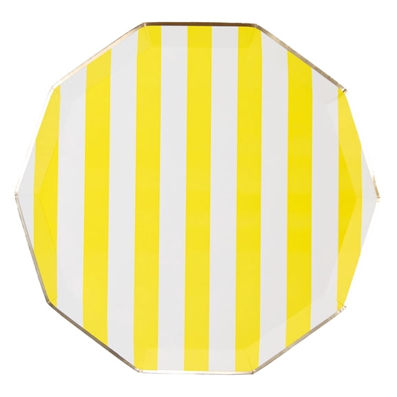 Bonjour Fête Yellow Striped Large Paper Dinner Plates, Disposable Party Supplies, 8 Count, 10.75 Inch, Happy Birthday, Summer Party
