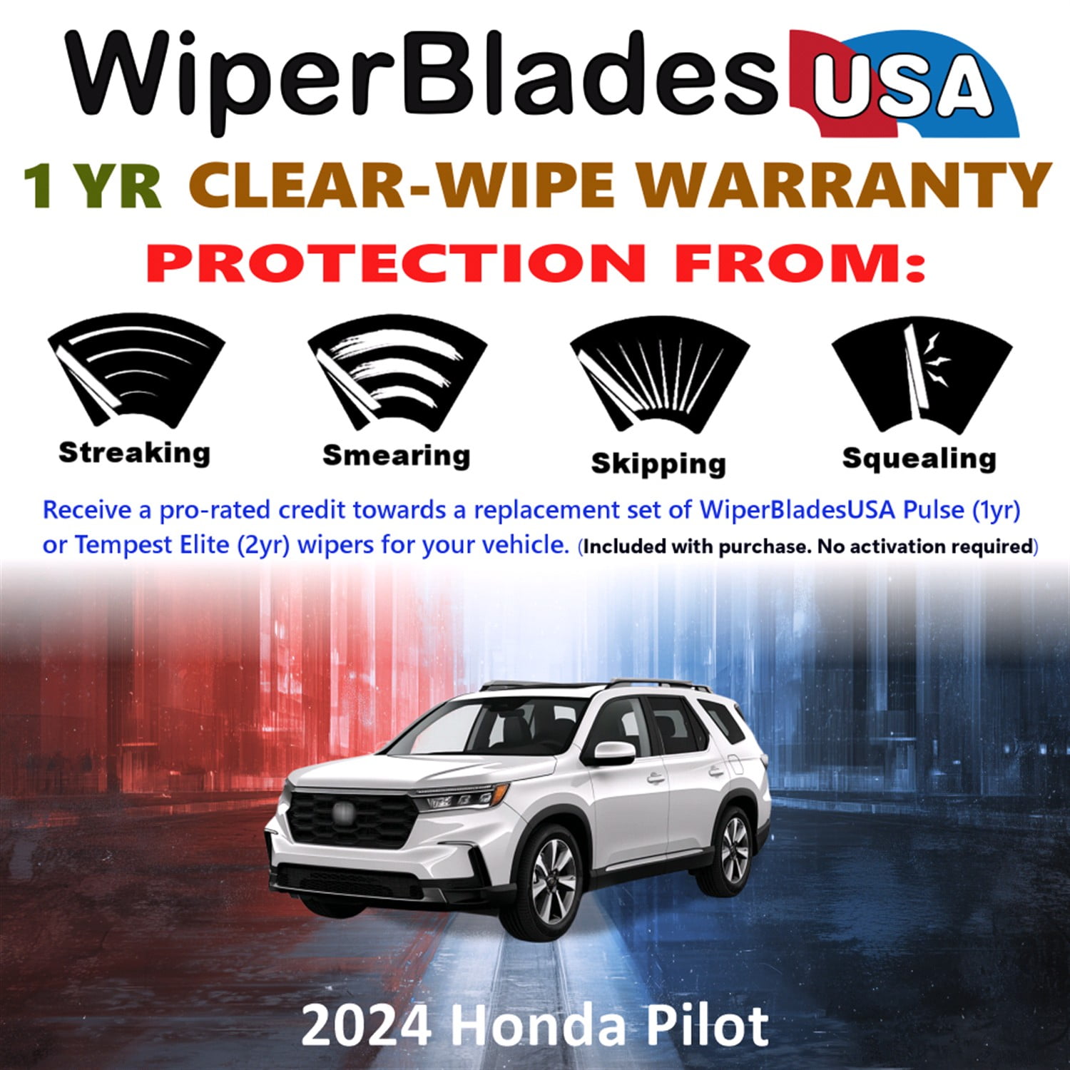 2024 Honda Pilot Beam Wiper Blades Wipers w/1yr Warranty (Set of 3) w/Rear Wiper (WiperBladesUSA)