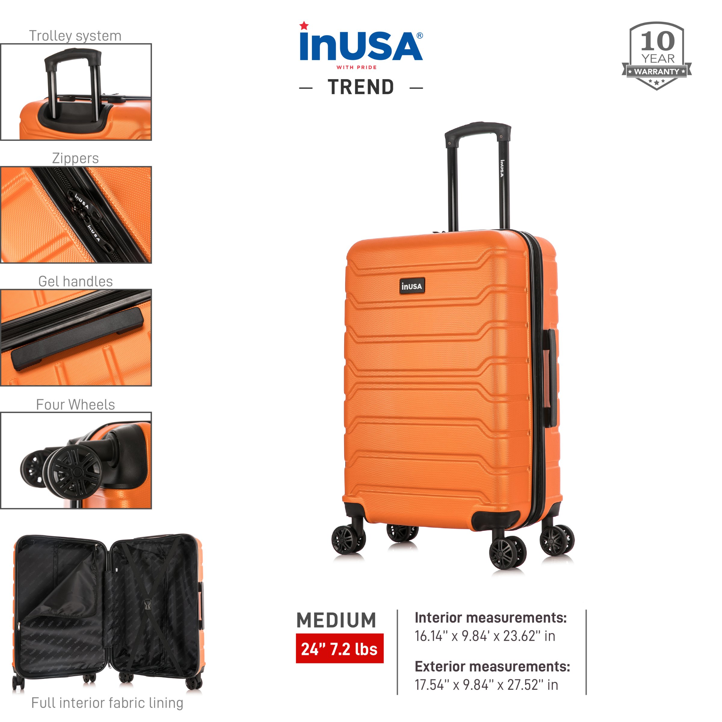 InUSA Trend 24" Hardside Lightweight Luggage with Spinner Wheels, Handle, and Trolley, Orange - image 4 of 12