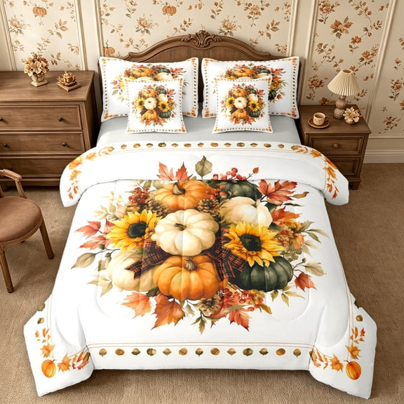 Erosebridal Pumpkin Wreath 7-Piece Twin Bedding,Fall Harvest Bedding Comforter Set,Khaki,Reversible