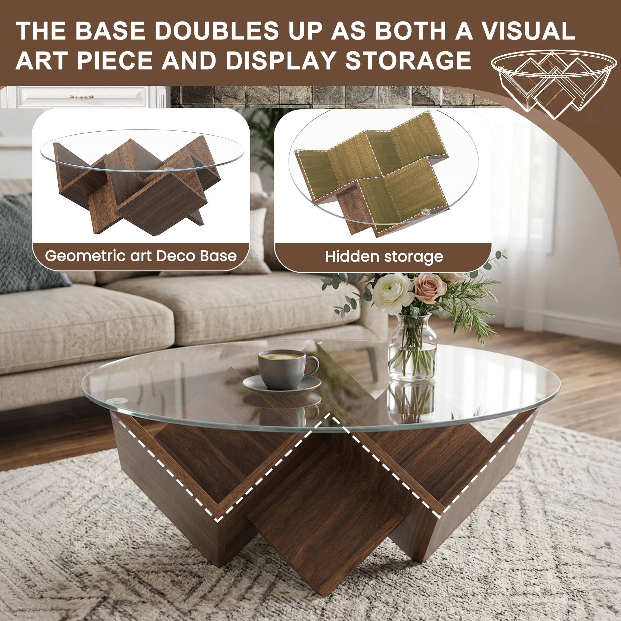 35.4-Inch Round Coffee Table with Tempered Glass Top and Geometric Art Deco Base, Storage Shelf Table and Center Table for Living Room, Walnut