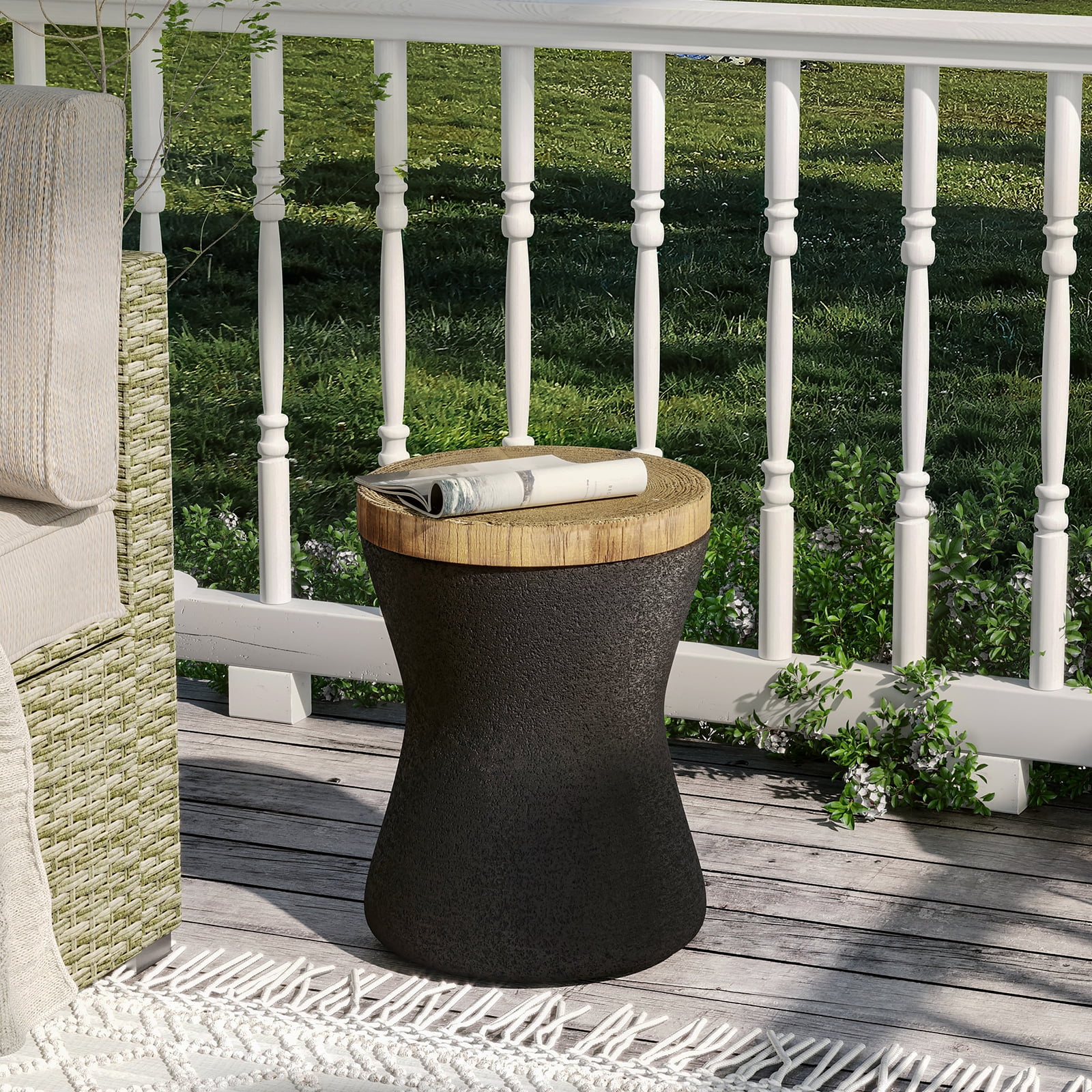 VENTOPYR 2 PCS Concrete Outdoor Side Table with Wood Grain Top,Small Jar Shaped Round Accent End Table for Patio, Garden,Black