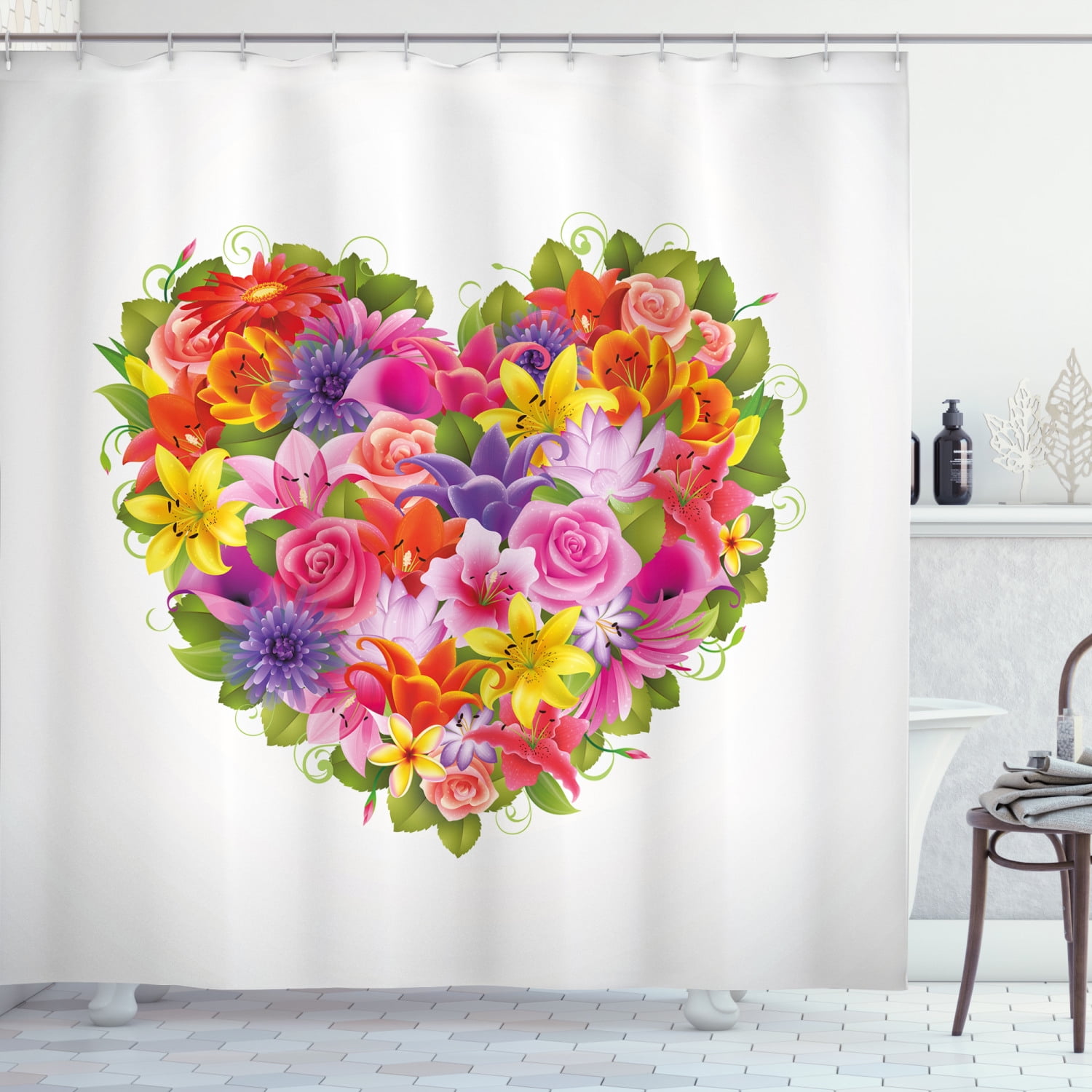 Valentines Day Decor Shower Curtain, Heart Frame with Shabby Chic Flowers Roses Leaves Romantic