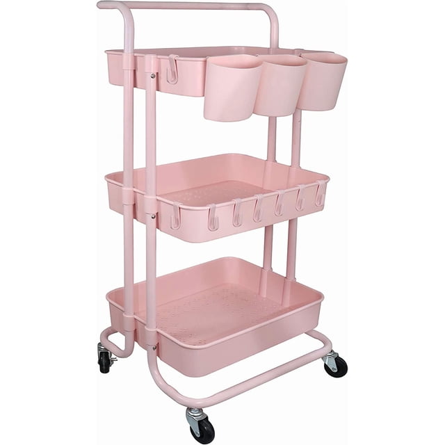 3 Tier Rolling Utility Cart Multifunction Storage Organizer Shelf Rack with Lockable Wheels 3PCS Cups and 8PCS Hooks for Home Office Kitchen Bathroom Store (Pink)