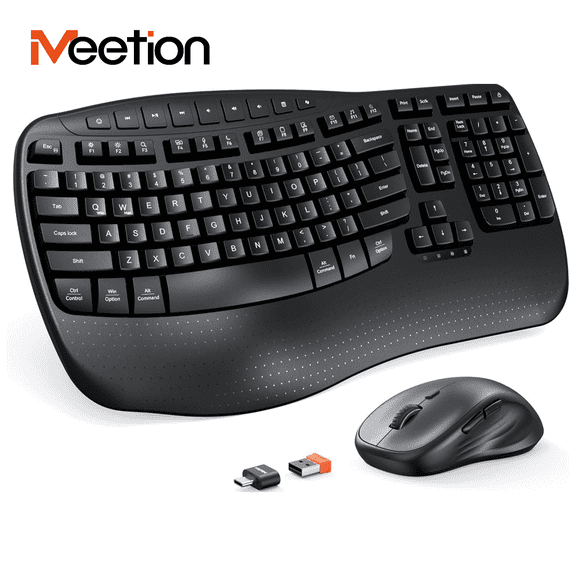 Meetion USB Wireless Ergonomic Keyboard & Mouse Combo with Wrist Rest & Wave Keys, Black, For Windows/Mac