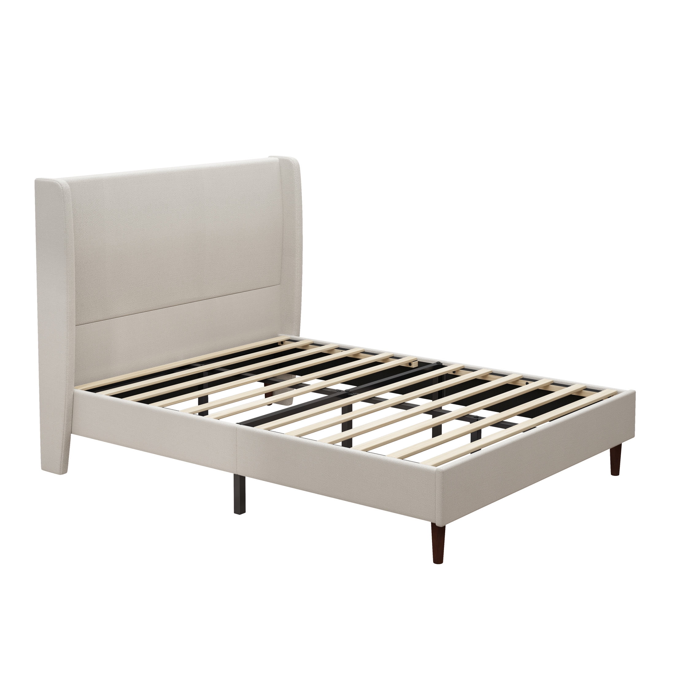 Ember Queen Size Platform Bed Frame with Chenille Upholstered Headboard, No Box Spring Needed, Beige