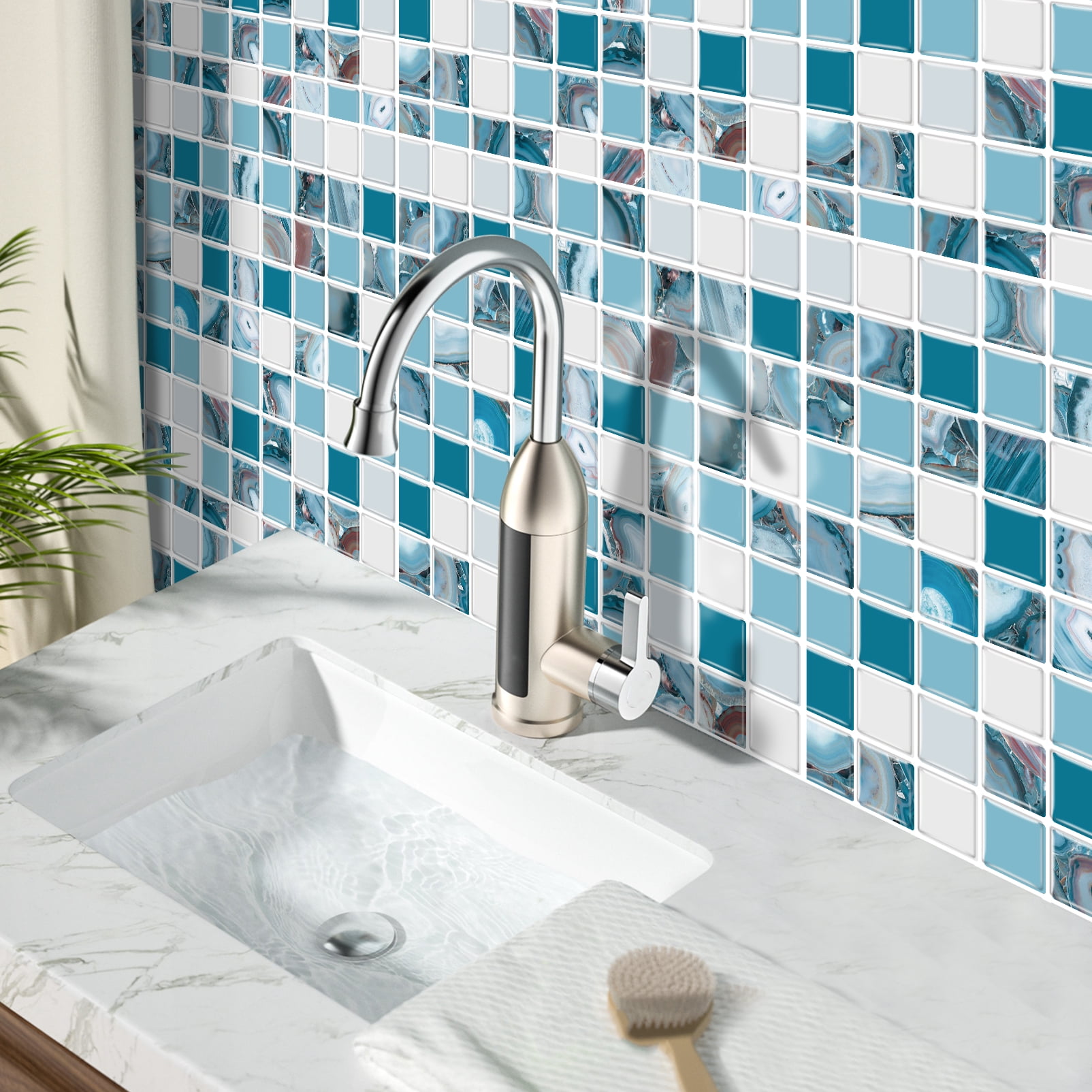 DEWOO 10 Sheet Thicker Mosaic Peel and Stick Backsplash Tile Removable Self Adhesive Wall Tiles for Bathroom Kitchen Counter (12"×12",Blue)