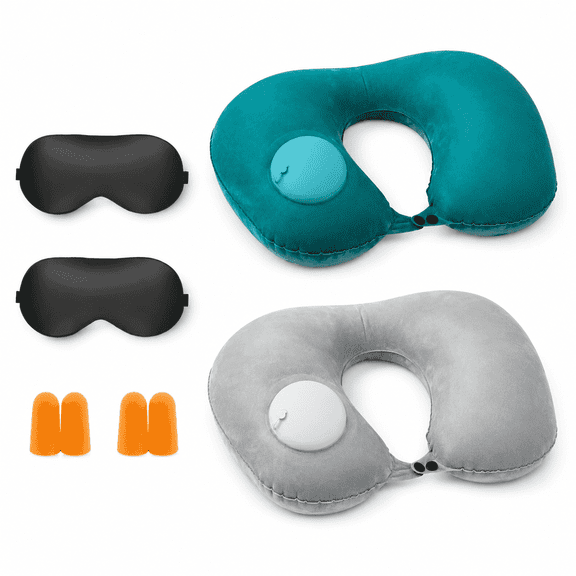 2PCS Inflatable Travel Pillow, Adjustable Inflatable Neck Pillow, Portable Inflatable Pillow U-Shaped with Eye Mask,Earplug and Carry Bag, for Airplanes,Traveling,Lumbar Support (Mint Green,Gray)