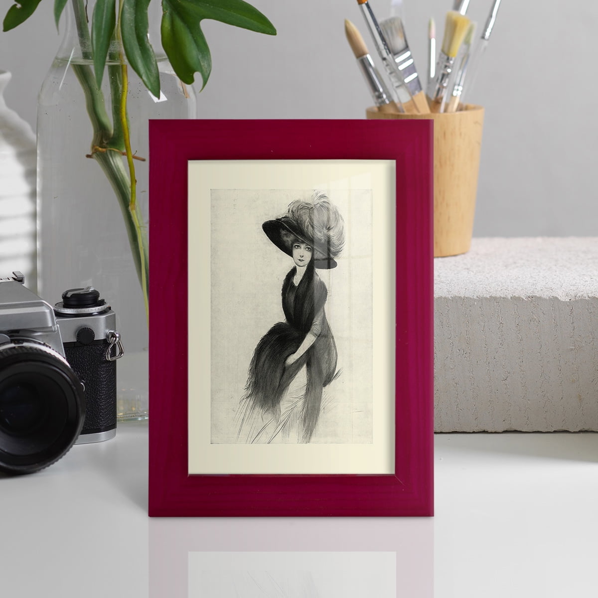Feather Hat II -Framed Print w/glass-Cherry Red