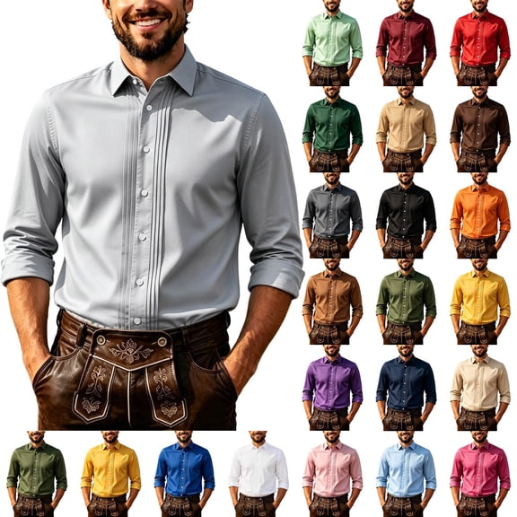 Bosfbaoi Shirts for Men Long Sleeve Pleated Front Button Down Oktoberfest Dress Shirts