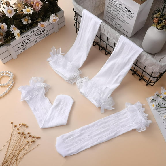 NICEXMAS Long Socks With Bows White Stockings 2 Pairs Lace Detailing For Oktoberfest