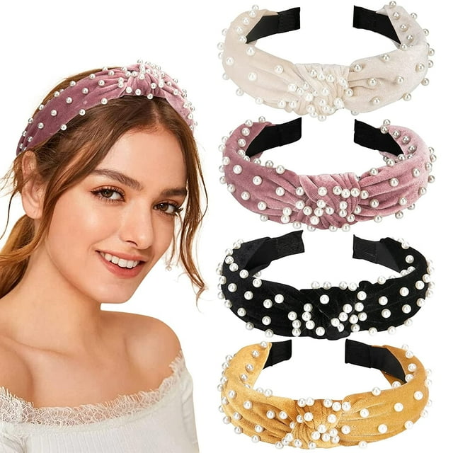 Paquete de 4 diademas anchas de terciopelo, turbante con nudo, banda para el cabello estilo vintage con aros elásticos de perlas sintéticas, accesorios para el cabello de moda para mujeres