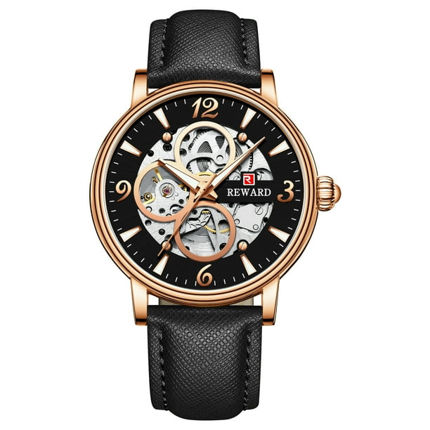 Men’s Skeleton Automatic Mechanical Watch Black Faux Leather Band Black