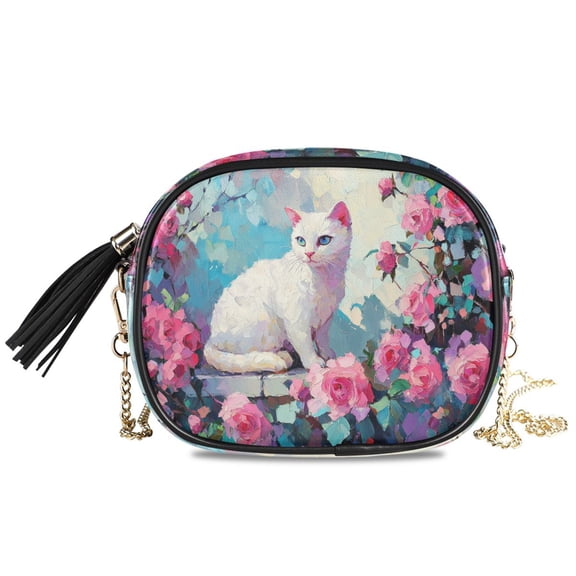 Womens Casual Chain Shoulder Bag Simple style White Cat Among Pink Roses Crossbody Bag
