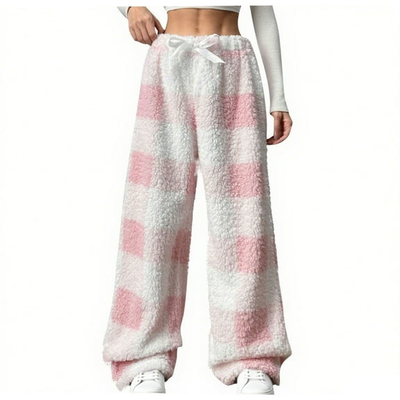 ZyeKqe Womens Pajama Pants Plaid Fuzzy Fleece Lounge Pjs Bottoms Winter Warm Homewear Cozy Lounge Trousers