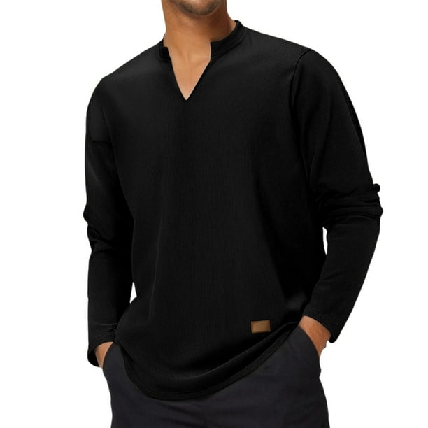 Camiseta holgada de manga larga con cuello en V y rayas para hombre, fresca para el verano - Poliéster, duradera, para uso diario, fácil de combinar con pantalones - Tallas S-XXXL