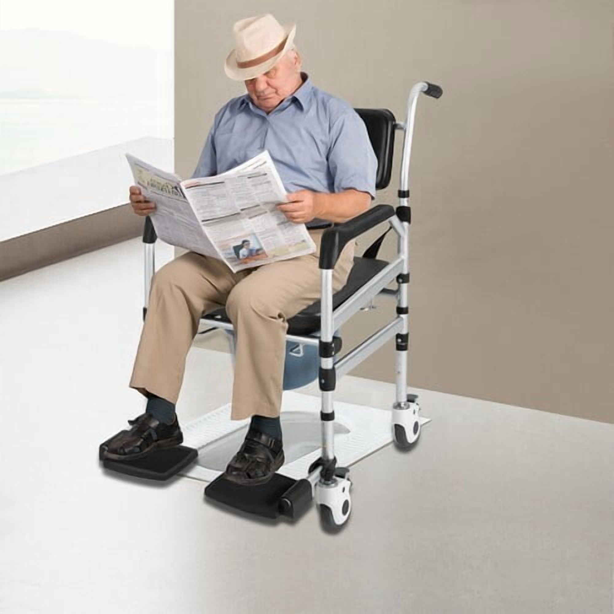3 in 1 Foldable Height Adjustable Shower Wheelchair, Accessibility Commode Wheelchair with Flip-Up Footrests, Transport Rolling Chair for Elderly, Disabled, Adults