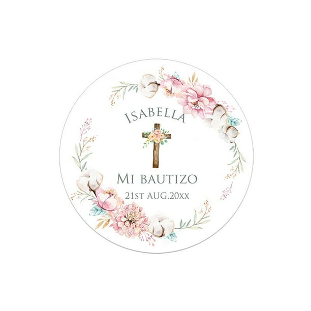 Etiquetas adhesivas para bautizo y bautismo, calcomanías personalizadas con nombre, fecha, texto, primera comunión, marco Floral, fiesta