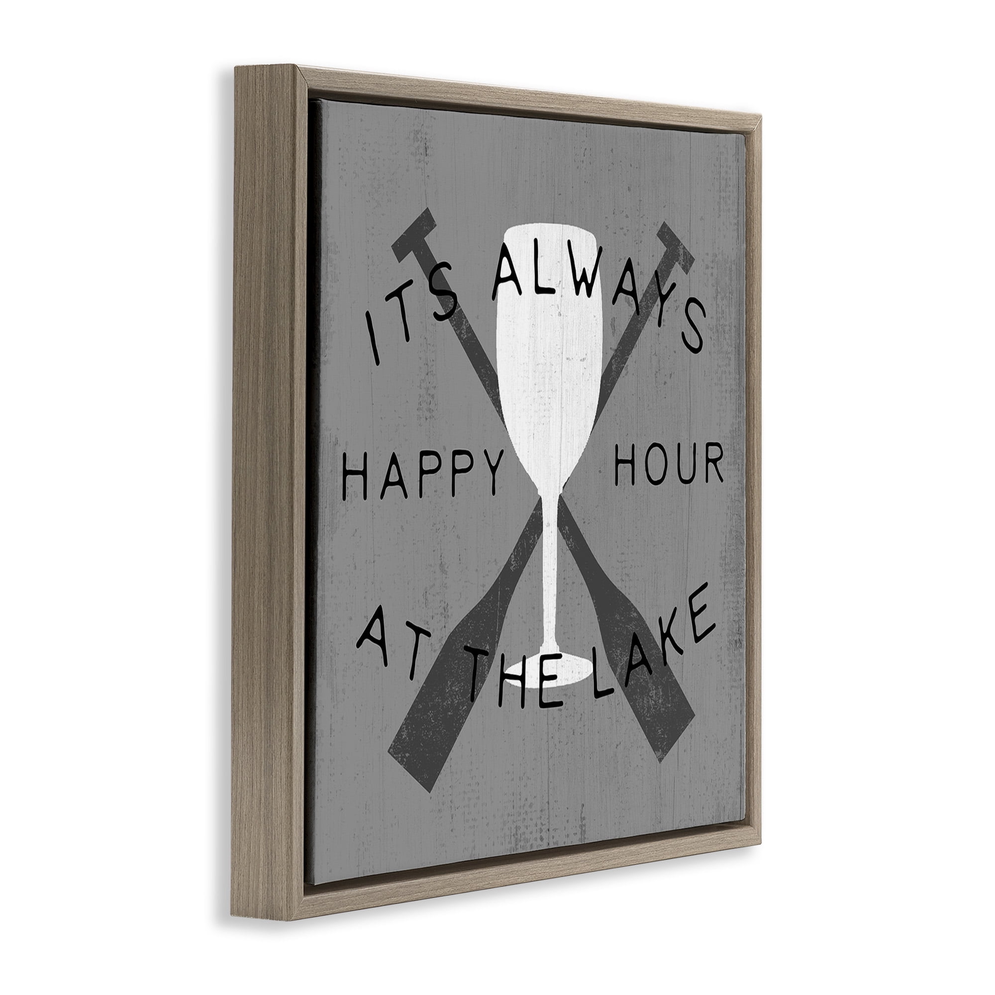Stupell Industries Always Happy Hour At Lake Typography Painting Brown Floater Framed Canvas Art Print Wall Art, 18 x 18
