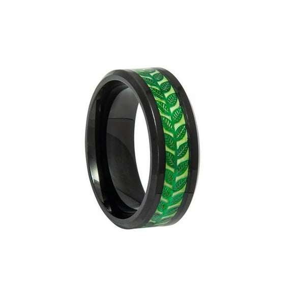 HIJONES Men Women's Luminous Nature Leaf Ring Retro Vintage Stainless Steel Band Ring Black Green Size 10