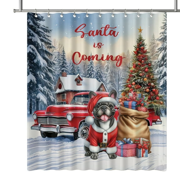Santa is Coming French Bulldog Merry Christmas Xmas Noel Truck Tree Shower Curtain Dog Lover Gifts Waterproof Bathroom Bathtub Curtain - 02023