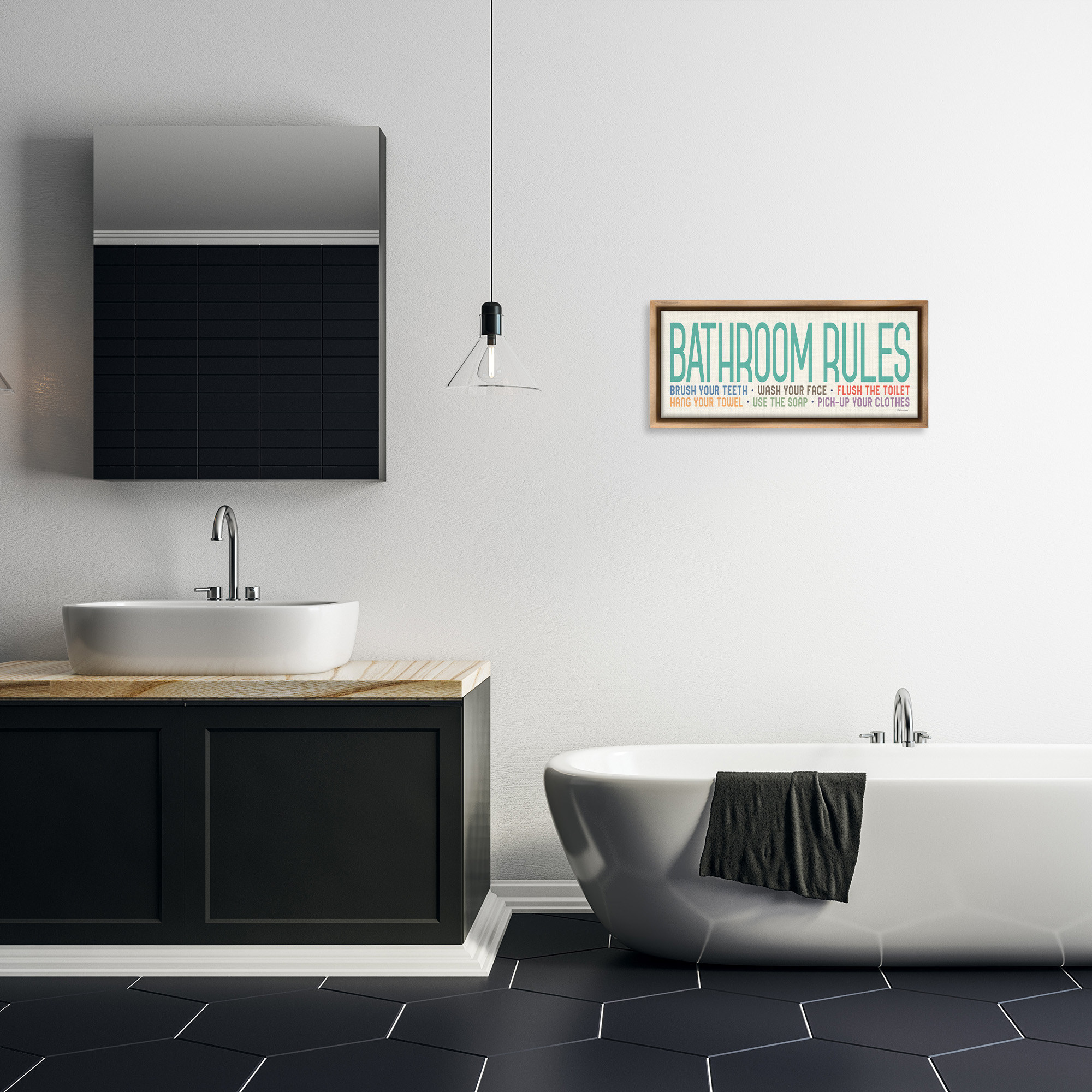 Stupell Industries Bathroom Rules with Teal Text Abstract Painting Brown Floater Framed Canvas Art Print Wall Art, 25 x 11