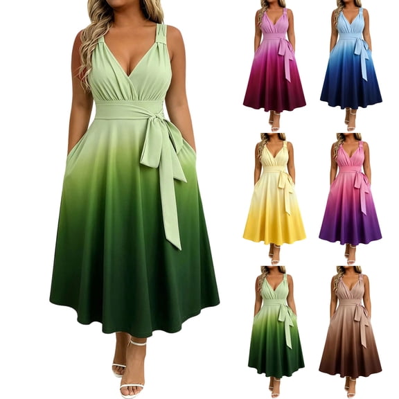 VBVC Women's Ombre V Neck Tie Waist Midi Dress , Sleeveless A Line Dress For Women , Ladies' Summer Casual Party Dress with Pockets,Blue,S-5XL