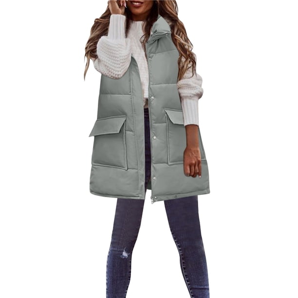 Gibobby Chaleco largo mujer, Chaleco largo acolchado para mujer, ligero, sin mangas, con bolsillos(Gris,M)