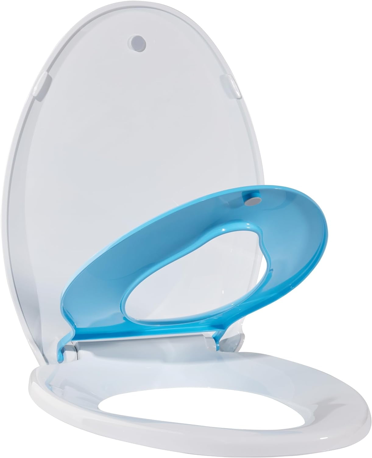 Elongated Toilet Seat with Integrated Potty Training Seat, Magnetic Kids Cover, Slow Close Feature, and Secure Fit for Adults and Toddlers (Blue)