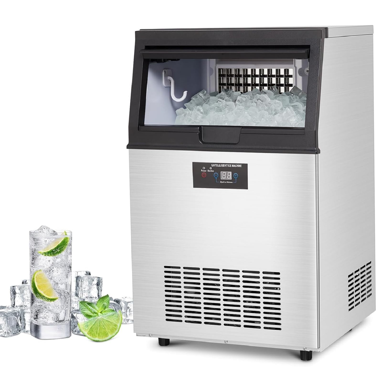 90lbs/24H Commercial Ice Maker Machine with 30lbs Ice Storage, Stainless Steel Under Counter ice Machine, Air Cooled, 115v